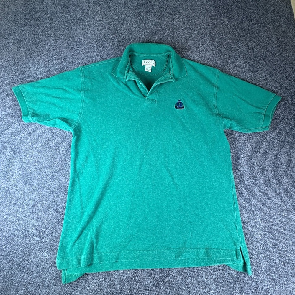 Vintage Izod Polo Shirt Mens Medium Teal Green Logo Cotton Short Sleeve Golf